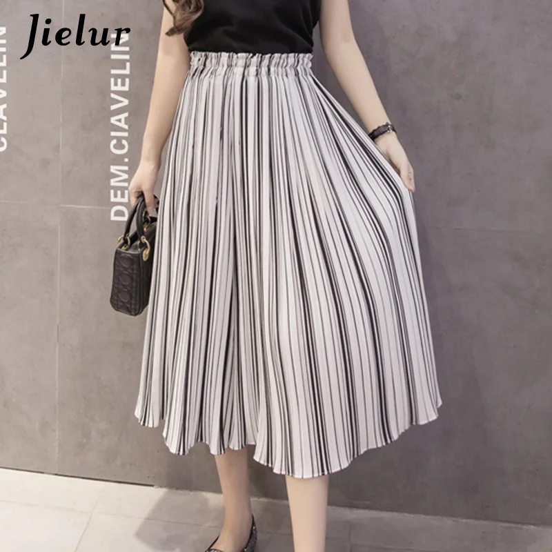 White Black Striped Jielur модные плиссированные шифоновые брюки женские летнее в горошек Цветочные полосатые широкие брюки женские свободные Женские панталоны - Цвет: White Black Striped