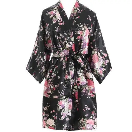 sakura- Black Новинка, Женская атласная короткая ночная рубашка, кимоно, халат, Цветочная Пижама, свадебное платье для невесты, подружки невесты, сексуальное платье, платье, один размер размера плюс - Цвет: sakura- Black