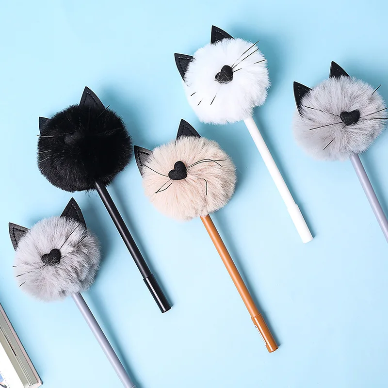 

Fluffy Plush Cat Love Heart Nose Black Ears Gel Ink Pen Signature Pen Escolar Papelaria School Office Supply Promotional Gift