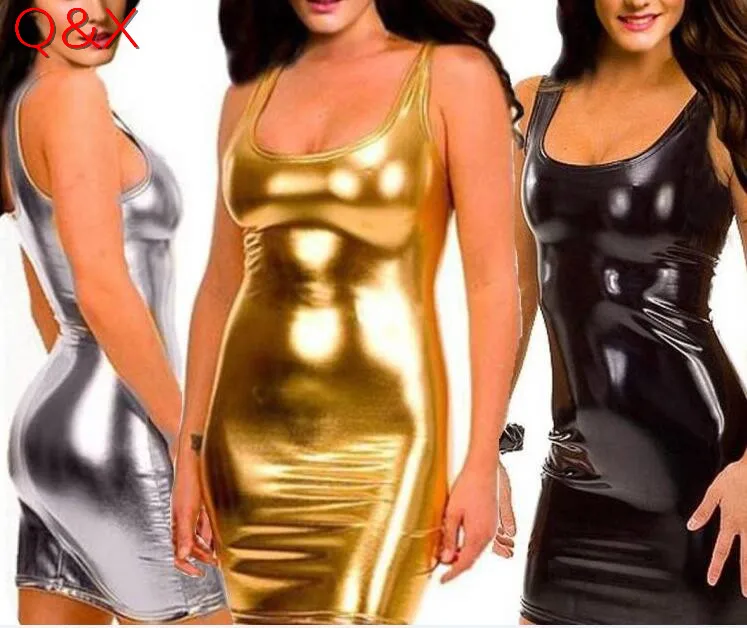 Женское кожаное платье без рукавов XX82 сексуальное золотистое размера плюс для