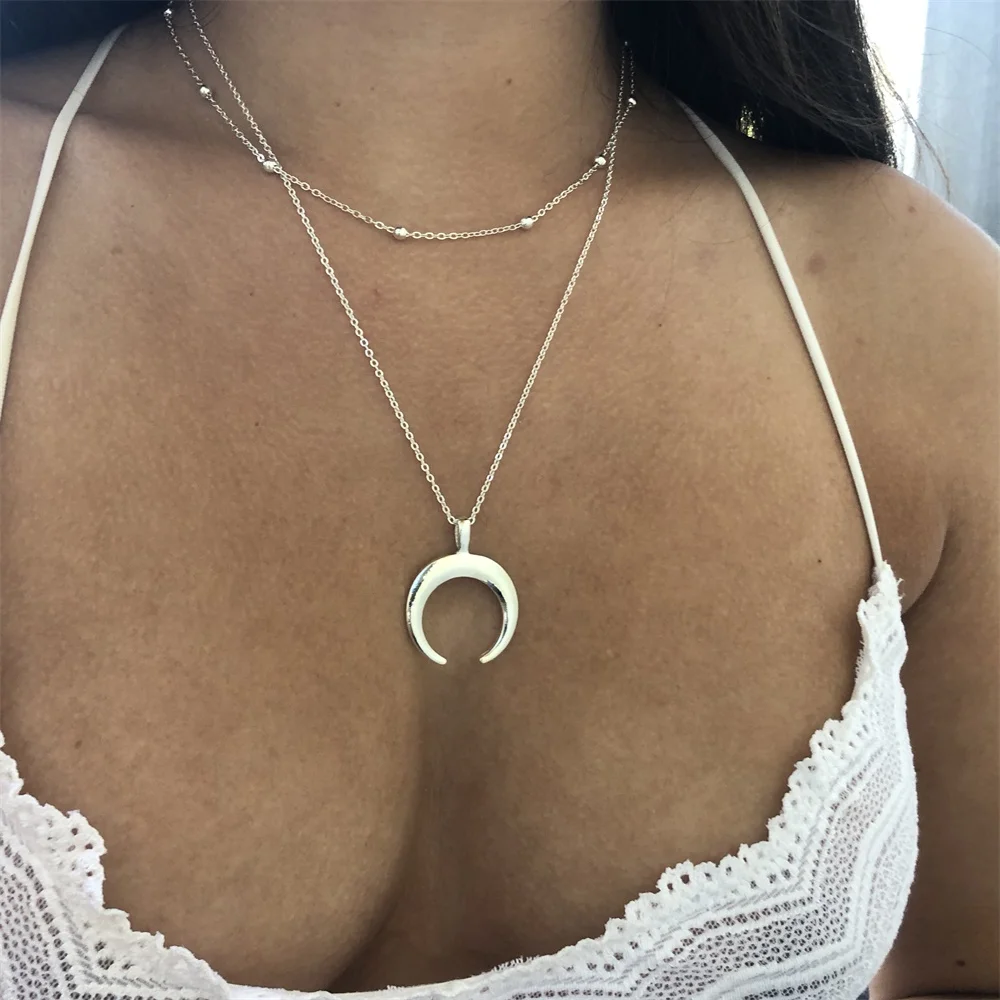 Женское Ожерелье с двумя рожками и полумесяцем 2018|girlfriend gift|double horn necklacecrescent moon