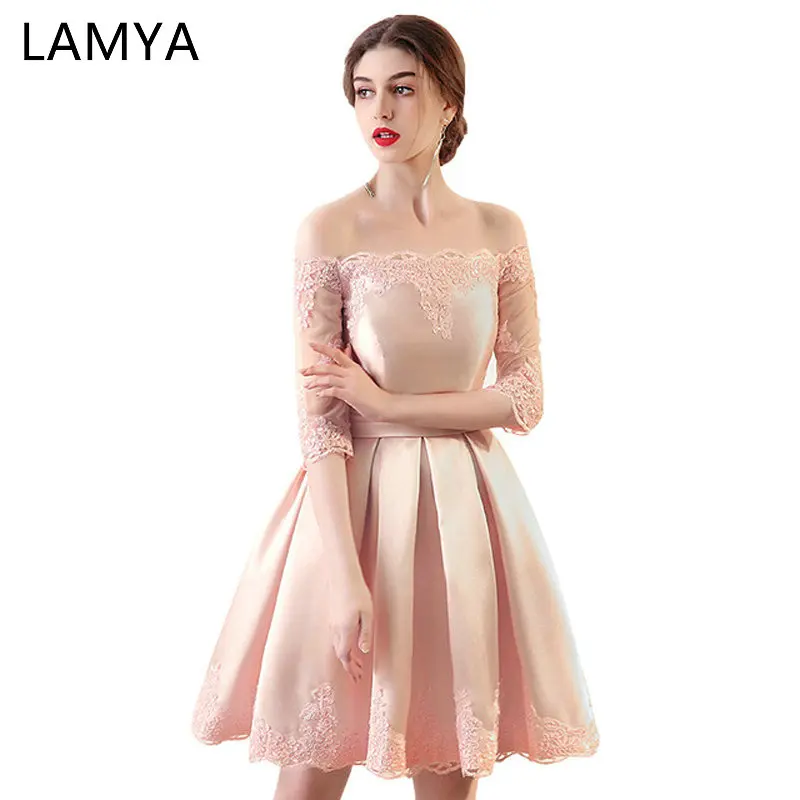 

LAMYA 6 Colors Customized Cheap A Line Short Satin Prom Dresses With Sleeve Plus Size Formal Party Dress Vestidos De Novia