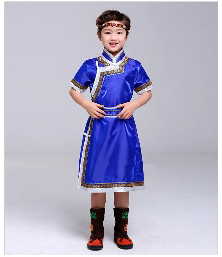 bao blue С коротким рукавом Монголия халат для мальчиков Монголия Одежда для мальчиков меньшинство одежда Тибетский национальной одежды Танцевальный костюм - Цвет: bao blue