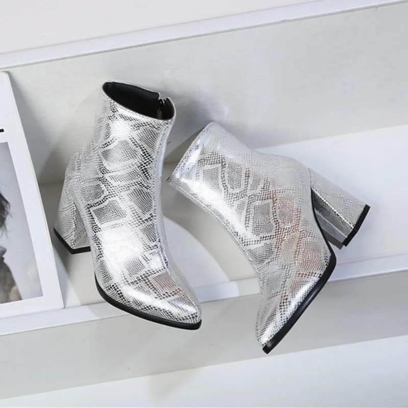 Snake Ankle Boots Women Autumn Winter Lady High Heels A275 Fashion Woman Gold Silver Brown Red Buckle Zipper Pointed Toe Shoes