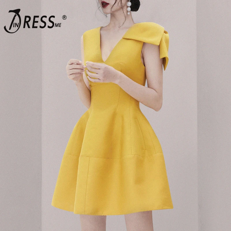 INDRESSME, Элегантное летнее женское платье, короткий бант, рукав, v-образный вырез, Мини Длина, Бальное, одноцветное, вечерние, Клубное платье, сексуальное платье