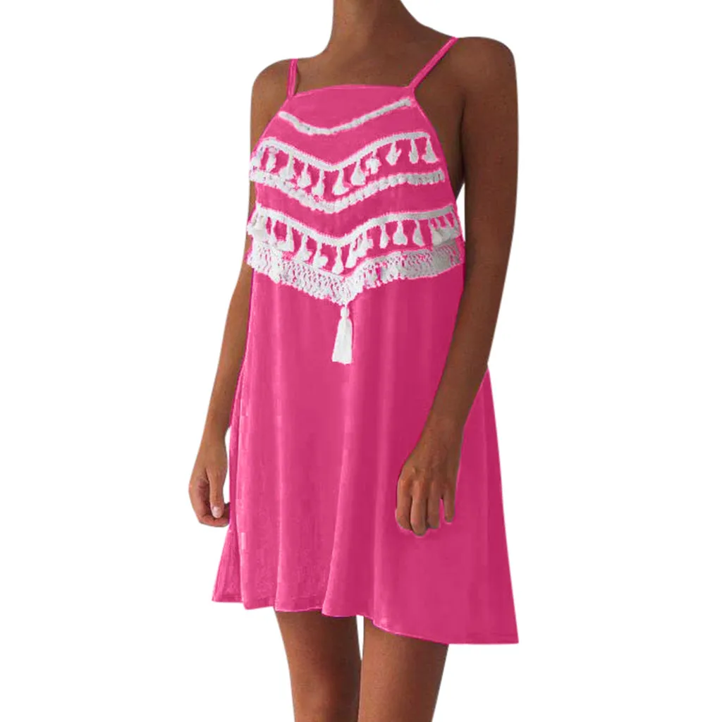 Женское повседневное мини-платье на бретельках с кисточками летнее Повседневное