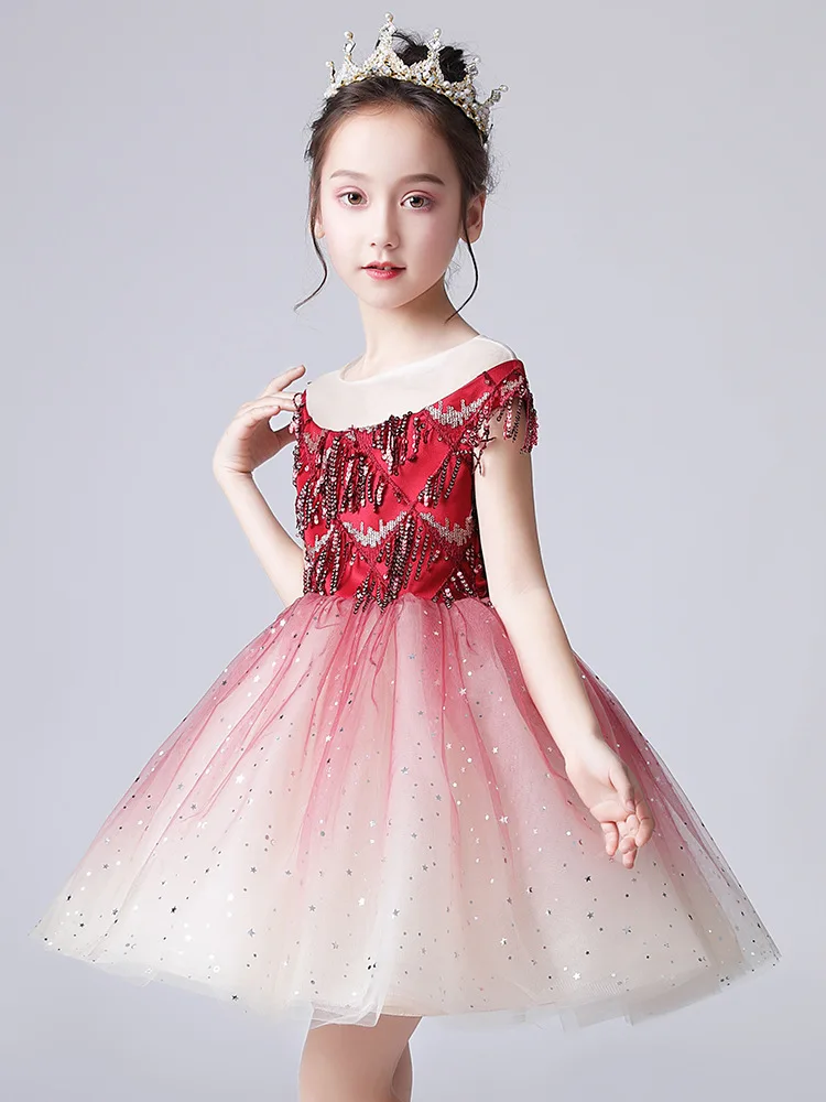 

Luxury Star Flower Girl Dresses Wedding Sequined Tassel Wine Red Princess Party Dress Beading Kids Pageant Dress Catwalk Costume