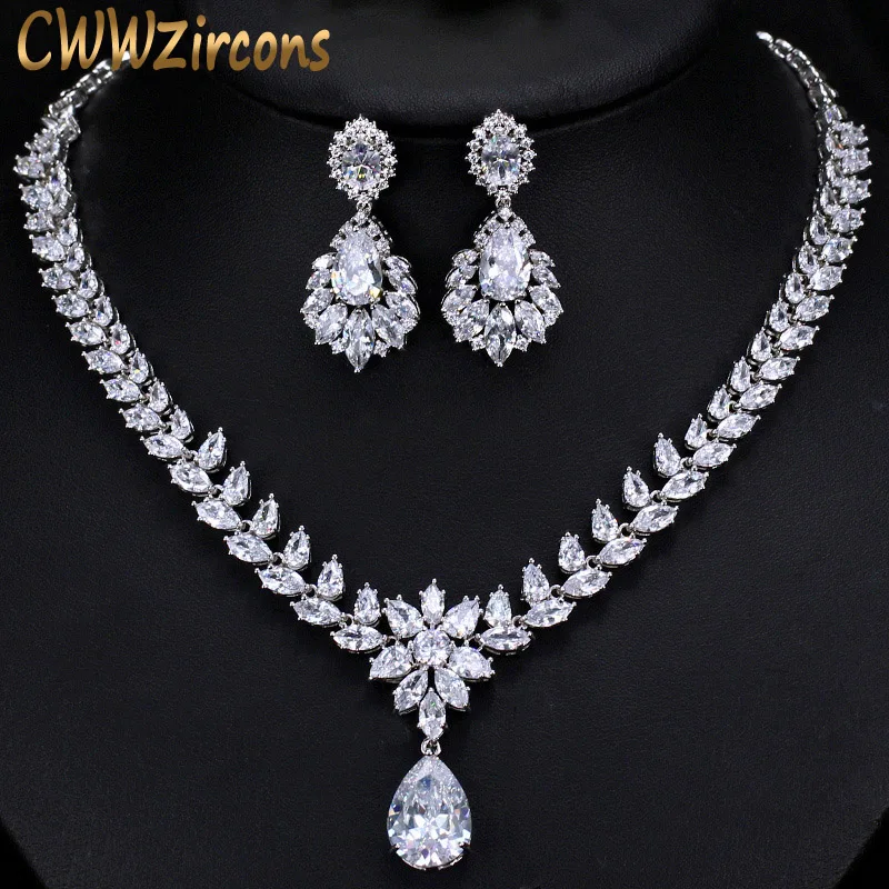 CWWZircons капли воды большие серьги ожерелье сверкающий Кубический Цирконий Свадебный комплект ювелирных изделий роскошный свадебный костюм аксессуары T293