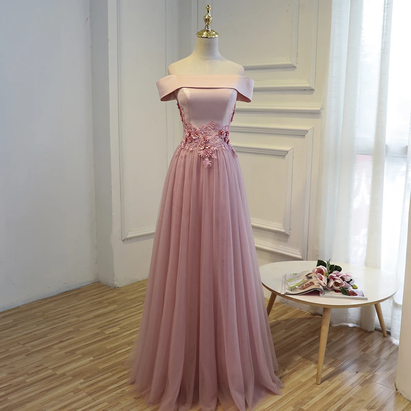 AnXin SH Pink flower lace new style boat neck satin slim a line evening dress hostess beading grey little black | Свадьбы и