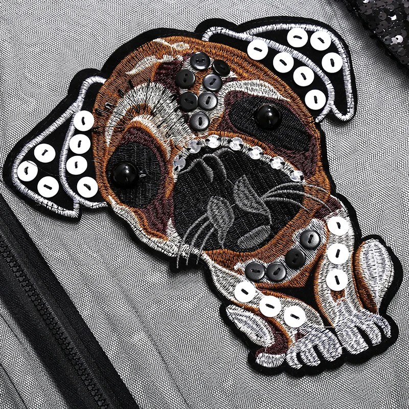 2018 European Women Summer Black Mesh Blouse Half Sleeve With Sequin Zipper Dogs Patch Girls Stylish Shirt Cool Street Wear 3396 |