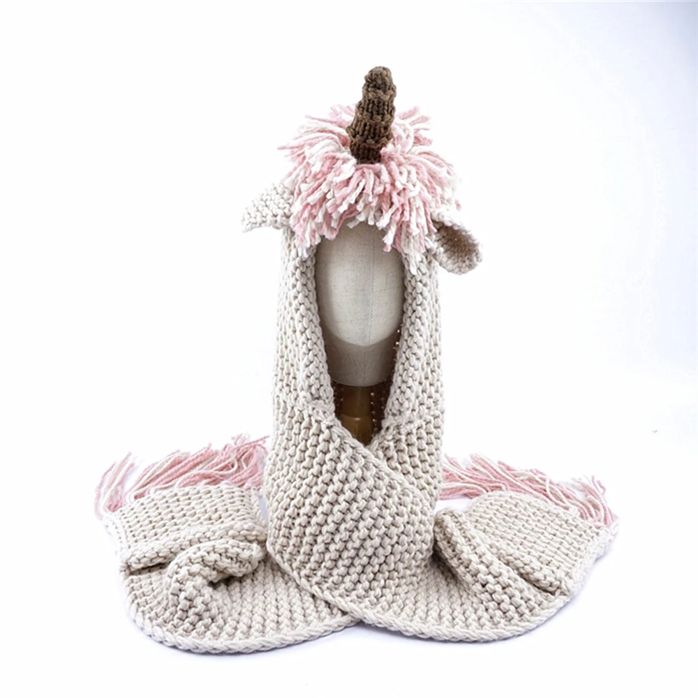 Вязаная крючком шапка с мультяшным единорогом зимняя шарфом карманом вязаная