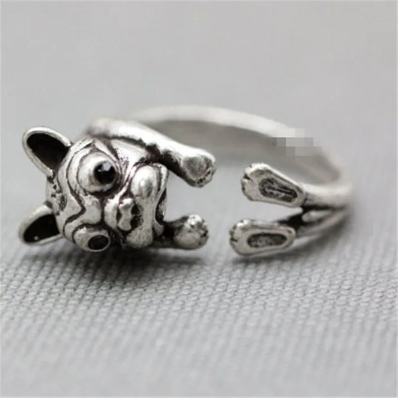 

Wholesale retro adjustable animal ring animal French bulldog antique silver/ antique brozen animal ring 12pcs