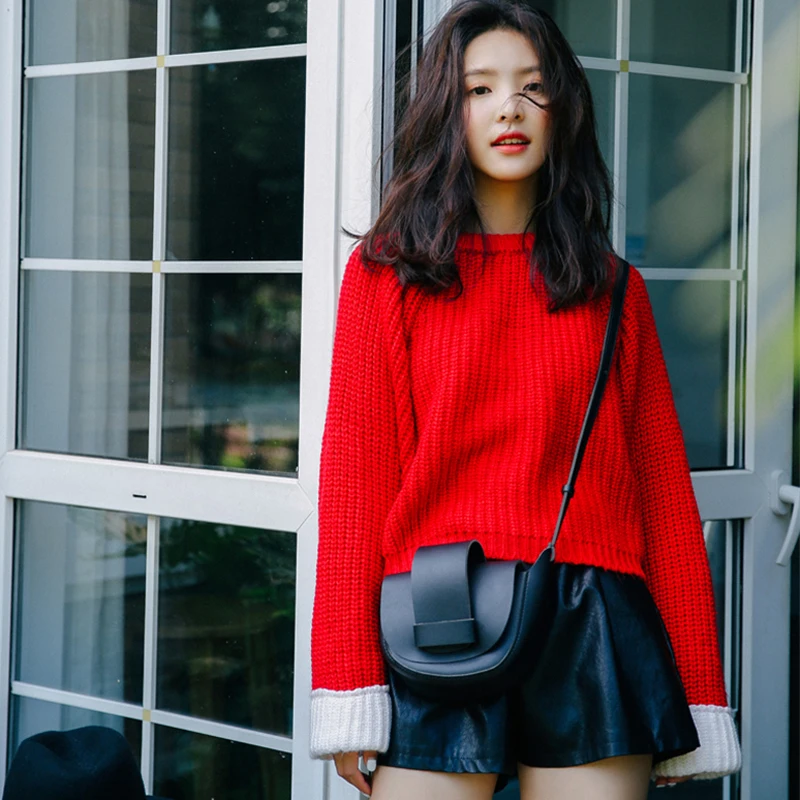 HziriP 2018 New Fashion Keep Warm Patchwork Women Sweater Knitted Red Lady Tops Pullovers O-Neck Vintage Soft Female Sweaters | Женская