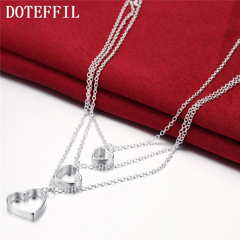 

DOTEFFIL 925 Sterling Silver Three Chain Heart Pendant Necklace For Women Charm Wedding Engagement Party Fashion Jewelry