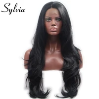 sylvia 1b natural black hair long natural wave wig synthetic lace front wigs heat resistant fiber hair for black women