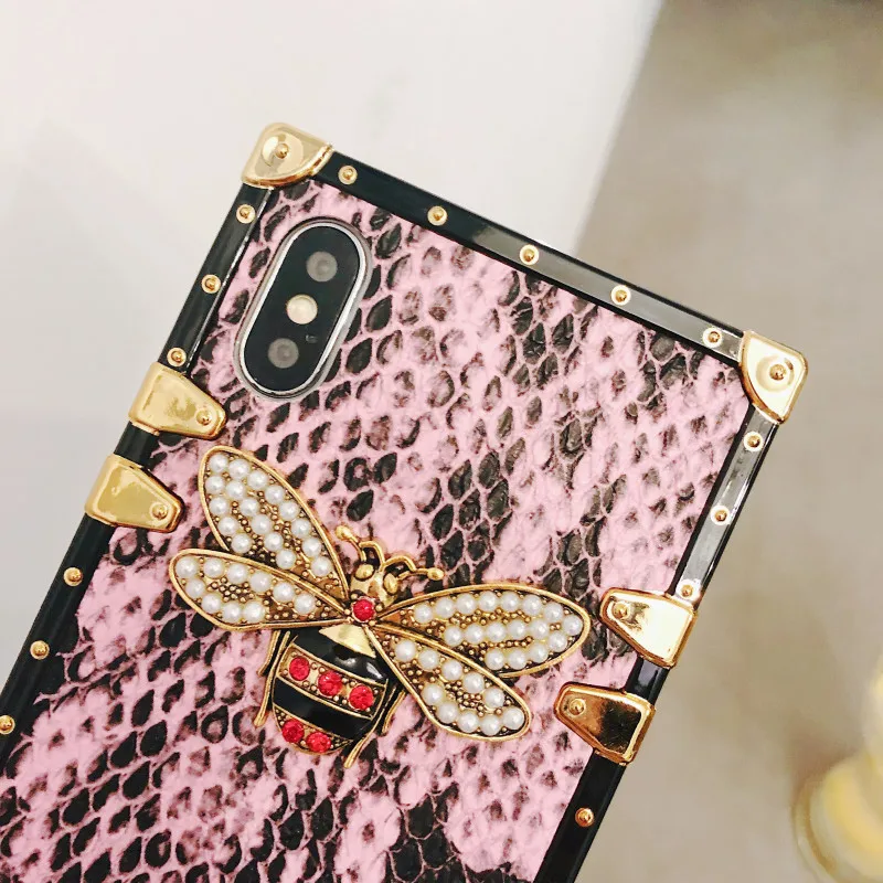 KoisAcase DIY Square Snake skin pattern phone case For iPhone X XR Xs Max 6 6S 7 8 Plus bee with lanyard protective cover |