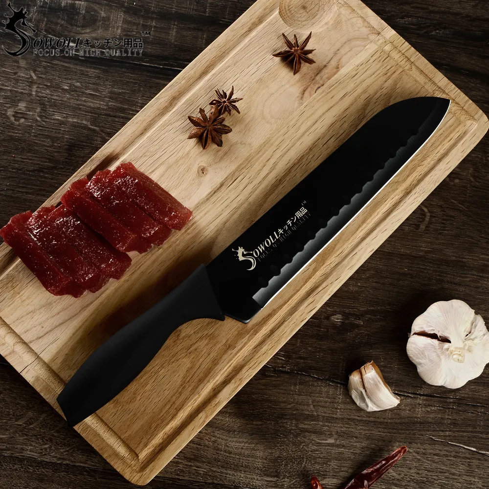 Sowoll 7 дюймов Нержавеющая сталь Santoku Ножи японский Стиль острое лезвие черный