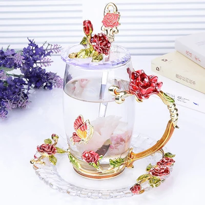 tall set Креативные винтажные эмалированные стеклянные чашки с розовой ручкой, стильные с крышкой, бабочкой на корпусе, стеклянные кофейные чашки, чайные чашки, подарок - Цвет: tall set