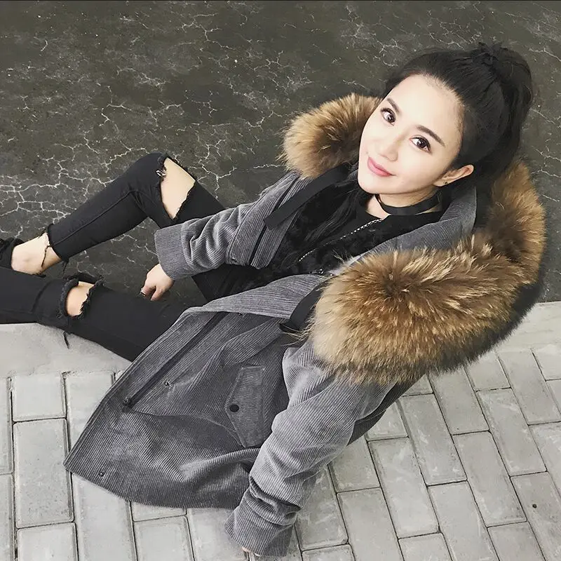 Большой Размеры 2018 зима Для женщин s парки натуральный мех енота меховой воротник