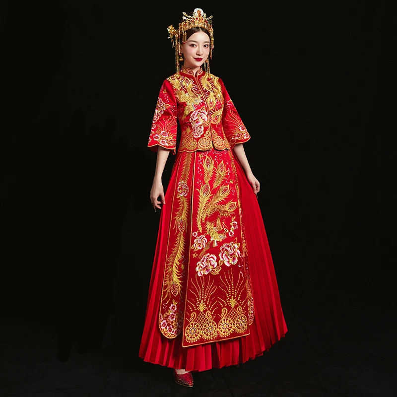 Красное платье Ципао для невесты в винтажном китайском стиле свадебное вечернее