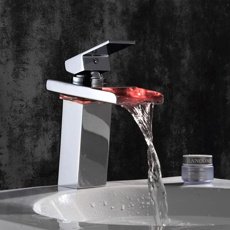 Смесители для умывальника LED Light Водопад кран Твердый латунный ванной
