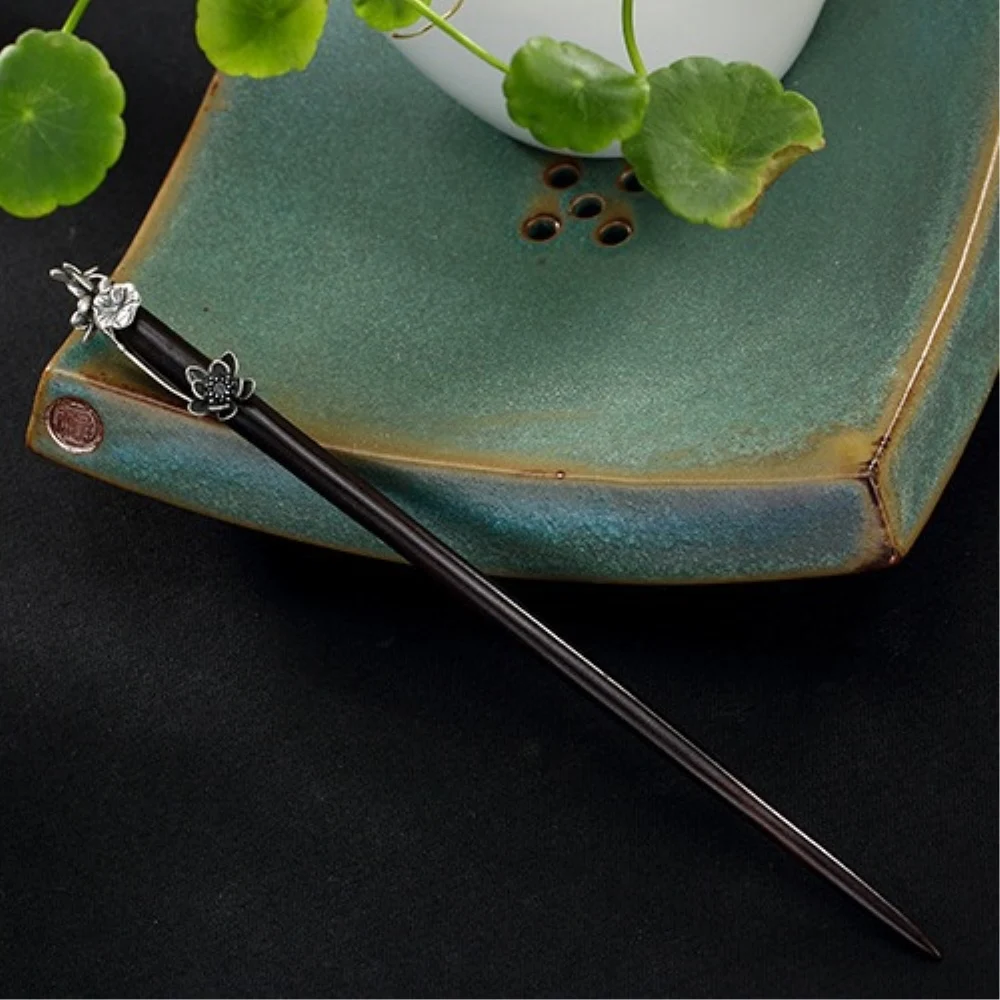 Женская Винтажная заколка для волос серебристая деревянная с 3d лотосом из эбенового дерева 18 см