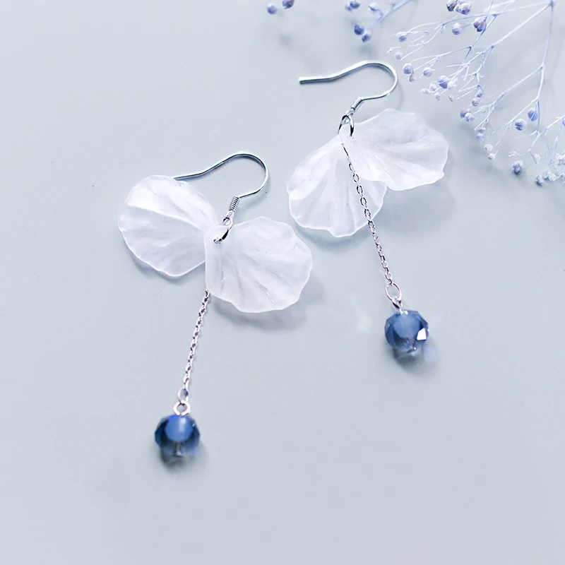 

Серьги-подвески MloveAcc, из серебра 925 пробы, с белыми цветами, на длинной цепочке, с синими кристаллами