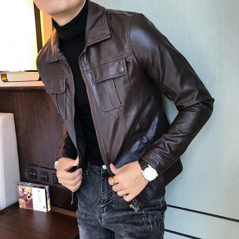 Зеленые кожаные куртки мужские мотоциклетные короткие пальто коричневые