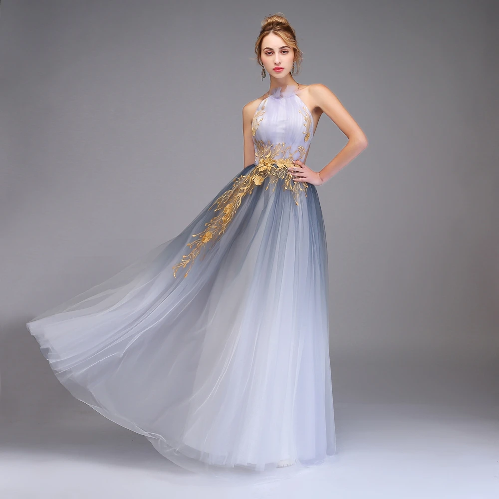 SSYFashion, Новое сексуальное платье для выпускного вечера, с лямкой через шею, с кружевной аппликацией, градиентное, дымчато-серое, с открытой спиной, длинное вечернее платье, Robe De Soiree