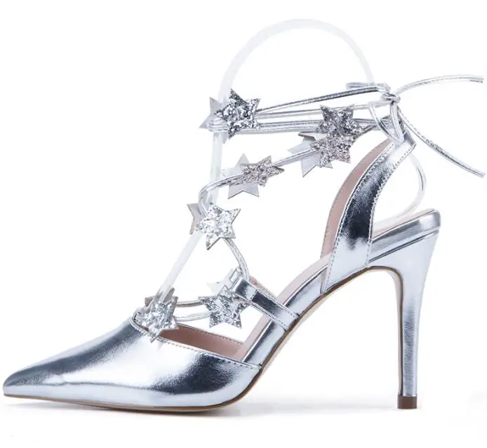 

Carole Levy Super High Pointed Toe Woman Shoes Silver Leather Crystal Embellished Stars Lace-up High Heel Shoes Wedding Shoe