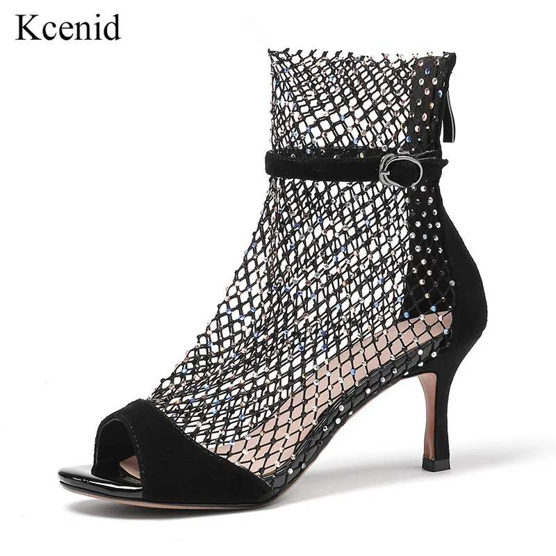 Kcenid модные большие размеры 33–43 bling Стразы сетчатая женская обувь; Привлекательные туфли с открытым носком и Обувь на высоком каблуке вечерние летние ботинки на молнии черного цвета