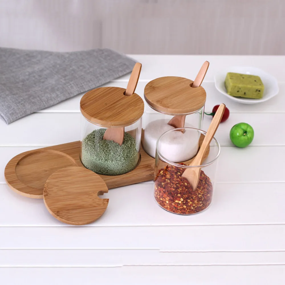 3 шт./компл. стеклянная деревянная банка для специй с ложкой контейнер органайзер