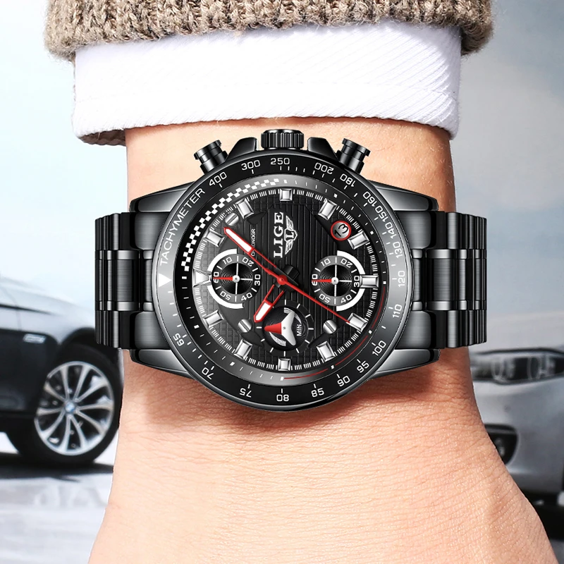 LIGE мужские часы Топ бренд класса люкс полностью стальные спортивные кварцевые