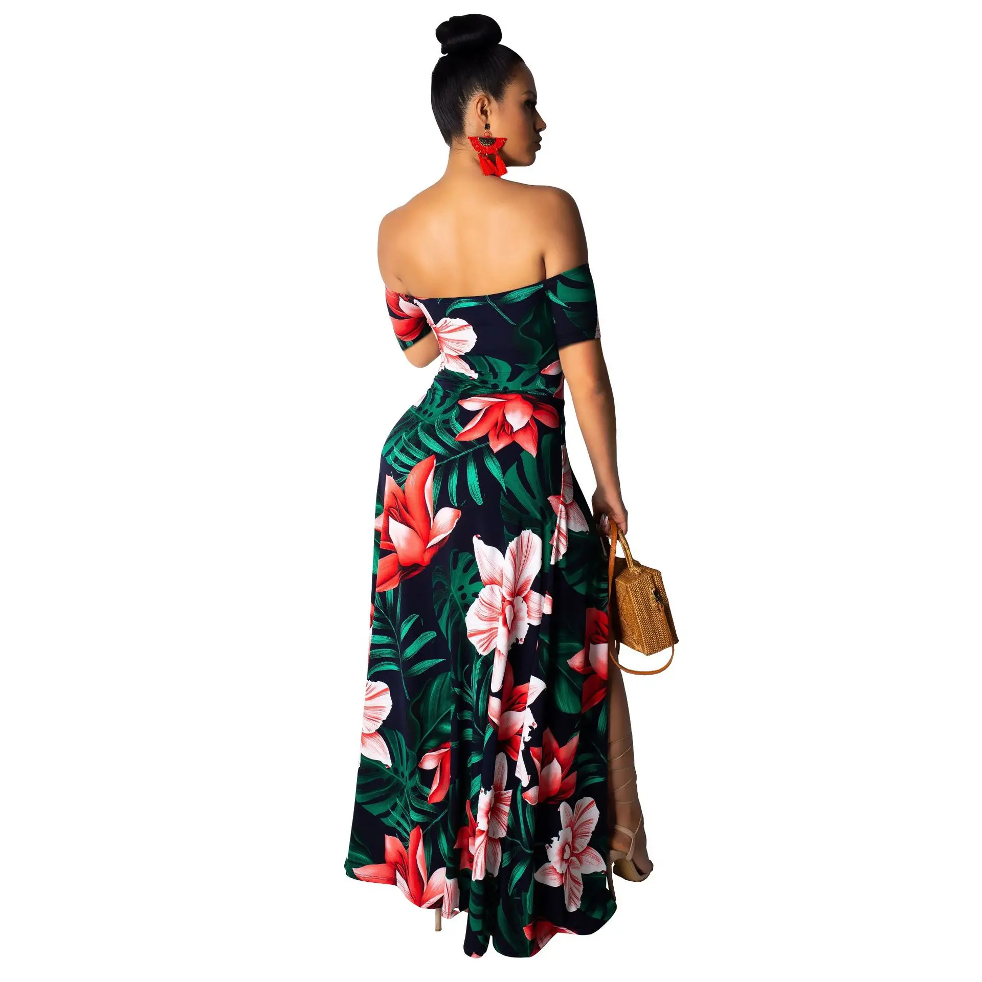 Женское платье с разрезом и цветочным принтом без бретелек|Женские платья| |