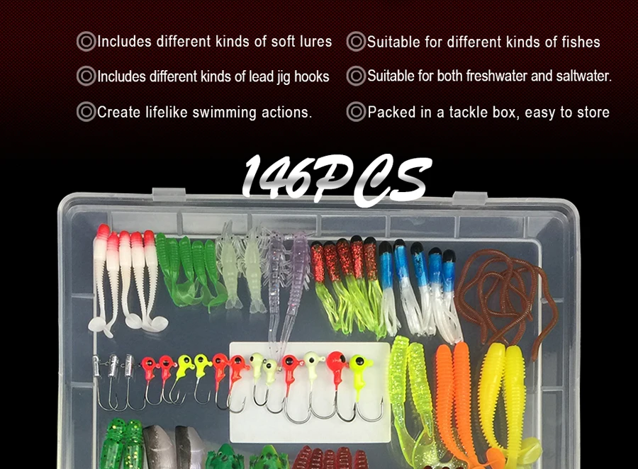 146 шт./кор. набор мягких рыболовных приманок Lead Jig Head крюк личинка червь приманки рыболовные снасти Shads силиконовые искусственные приманки рыболовные снасти