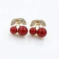 fresh cherry red fruit crystal leaf golden fashion stud earrings trendy piercing jewelry for women