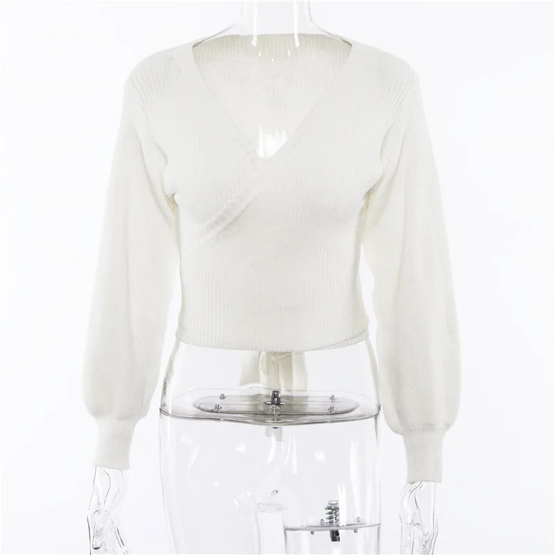 Women 2018 Off Shoulder V Neck White Sweaters Autumn New Back Bow Lantern Long Sleeve Sexy Pullover Slim Crop Tops Casual Mujer | Женская