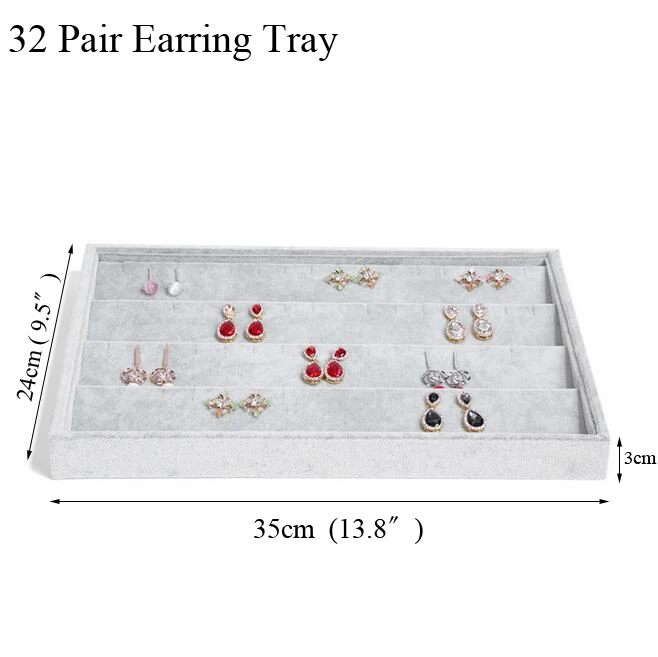 32 pair earring tray Мода ледяной серый бархат лоток ювелирных изделий ювелирные изделия коробка для хранения часы держатель ожерелье кольцо серьги кулон Дисплей Органайзер серии - Цвет: 32 pair earring tray