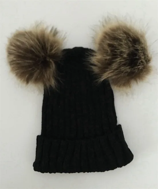 black beanie Шапка Ponpon с помпоном, милая мягкая вязаная Шапочка, помпон из искуственного меха, розовая Зимняя шапка, женская теплая шапка с ушками, лыжная кавайная шапка - Цвет: black beanie