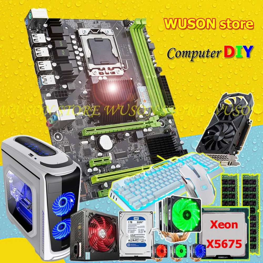 Комплект материнской платы HUANANZHI X58 PRO CPU Xeon X5675 с кулером ОЗУ 16 Гб RECC 500 Вт PSU GTX1050Ti