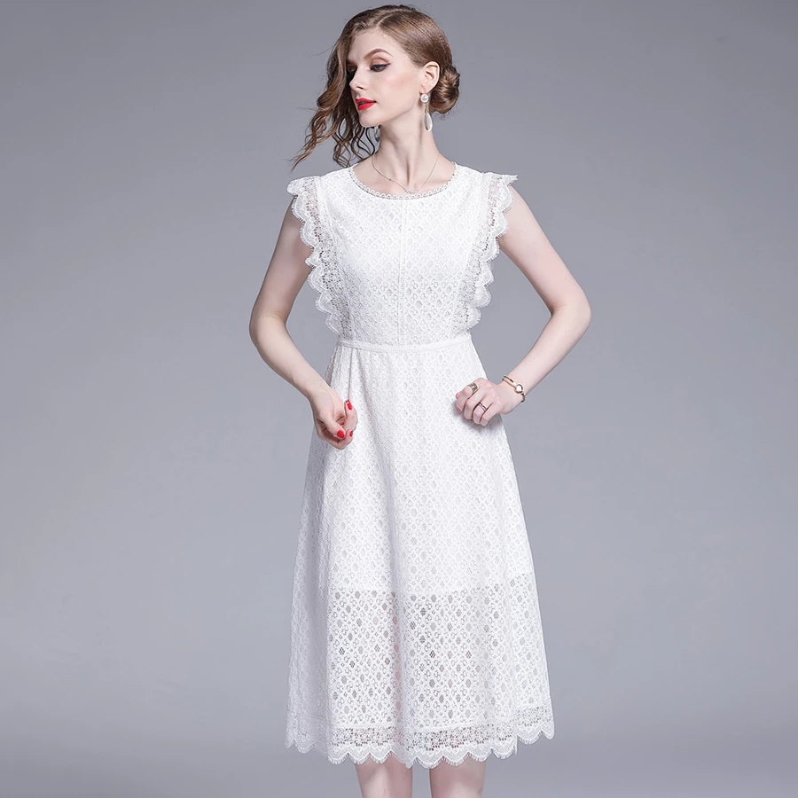Женское ажурное белое кружевное платье повседневное облегающее трапециевидной