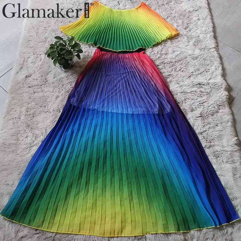 Glamaker с открытыми плечами Радужное Плиссированное Повседневное платье женское летнее элегантное свободное Макси платье женское пляжное Бохо длинное платье размера плюс