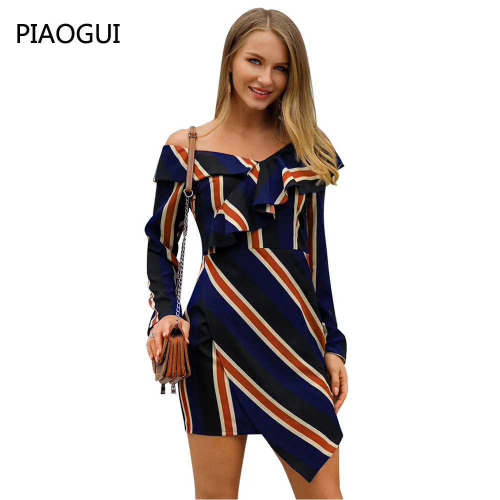 2019 New Spring Office Lady Women Dress V-Neck Long Sleeve Stripped Female Outwear Casual Slim Fit High Waist Sheath | Женская одежда