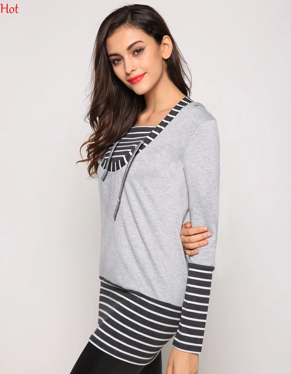 Hot Spring Womens Hoodies Striped Patchwork Long Sleeve Sweatshirts Slim Fitted Casual Clothing Hooded YC000881 | Женская одежда