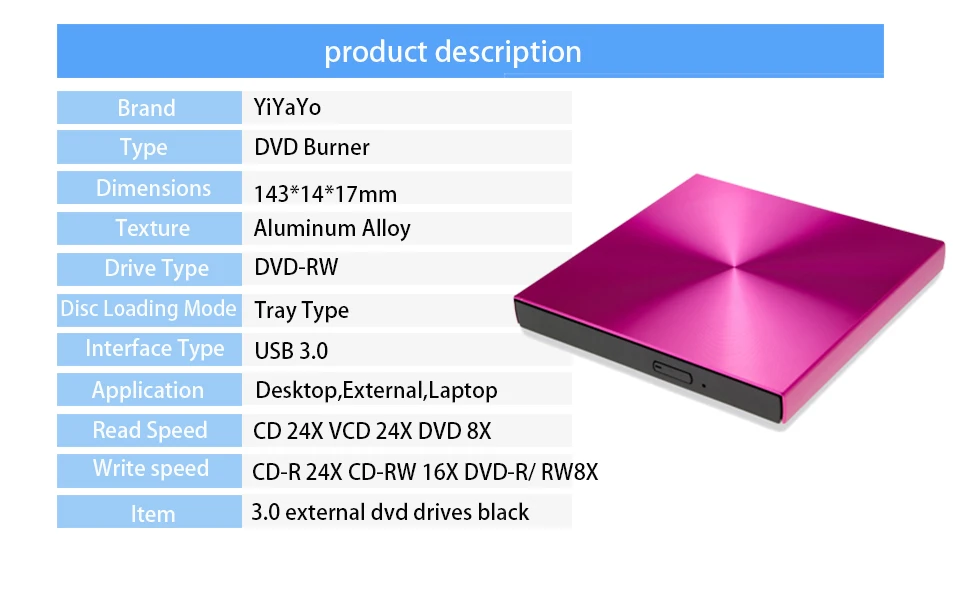 YiYaYo USB 3,0 алюминиевый сплав внешняя DVD горелка CD-ROM плеер тонкий портативный оптический привод для ноутбука MacBook/ноутбука Windows