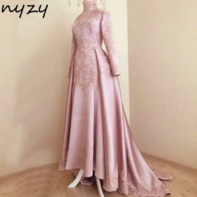 Розовый NYZY MW22 мусульманское вечернее платье элегантный хиджаб халат soiree Дубай с длинными рукавами розовый Атлас Кружево abiye elbiseler gelinlik - Цвет: Розовый