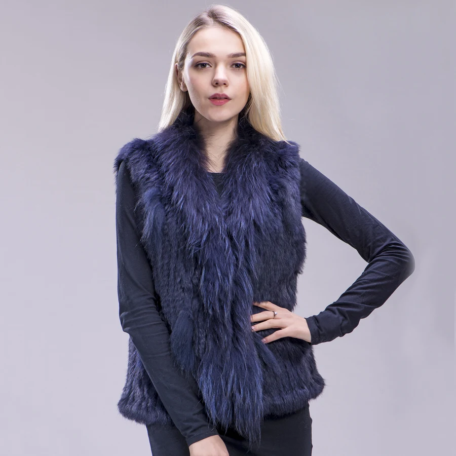 2020 FXFURS Free shipping womens natural real  rabbit fur vest  with raccoon fur collar  waistcoat/jackets rabbit knitted winter
