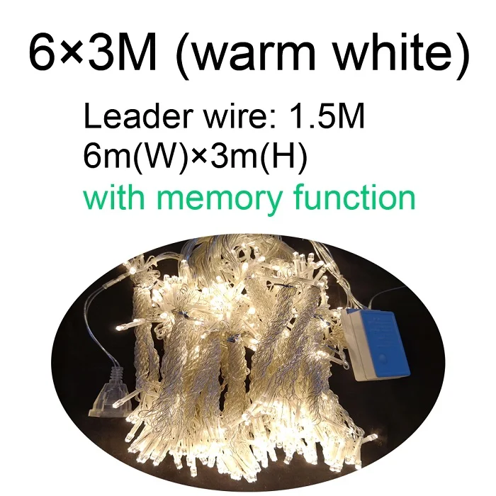 Warm white 6x3 3x3 м сосулька, светодиодный светильник для занавесок, сказочный светильник, Рождественский светильник с функцией памяти для свадьбы, дома, сада, вечерние украшения - Испускаемый цвет: Warm white