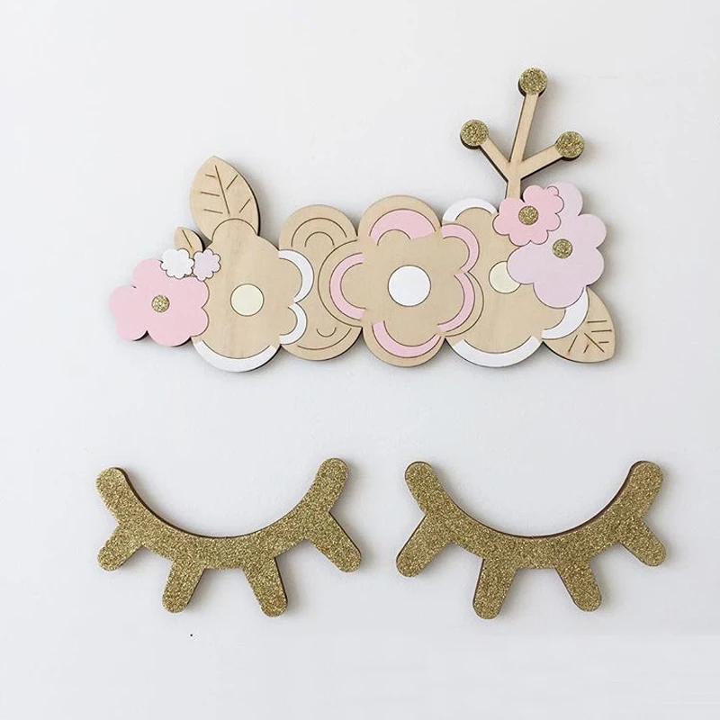 

Wall Stickers Shine Wood Eyelash Nordic Style Sequins Wooden 3D Closed Eye Lash Wall Decars Ornament Baby Kids Room Home Decor