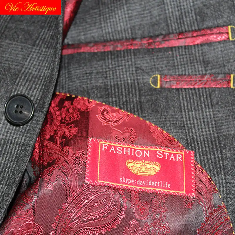 custom tailor made suits 3 pieces jacket pant vest Worsted wool Men's groom tuxedos slim fit wedding grey whales plaid lattices